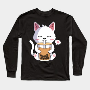 Kawaii Cat Drinking Boba Tea Japanese Anime Long Sleeve T-Shirt